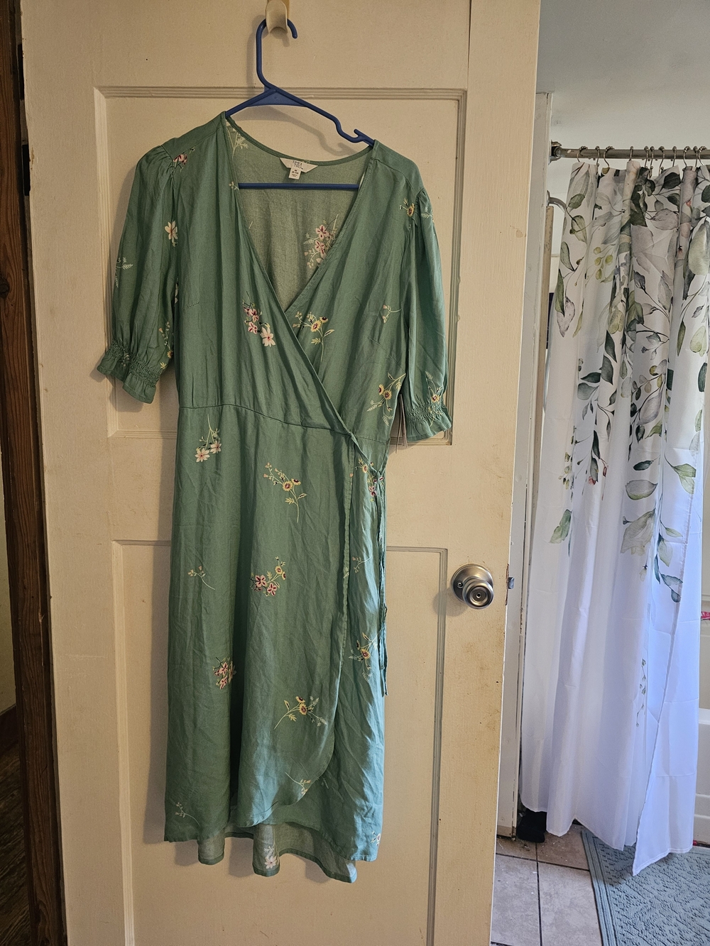 Time and Tru Sage Green Floral Wrap Midi Dress